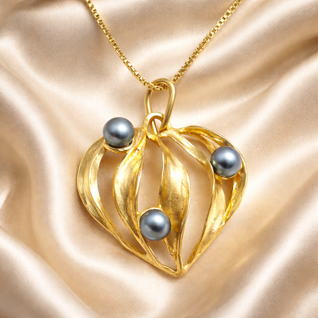 מחרוזת תליון לב זהב עם פנינים