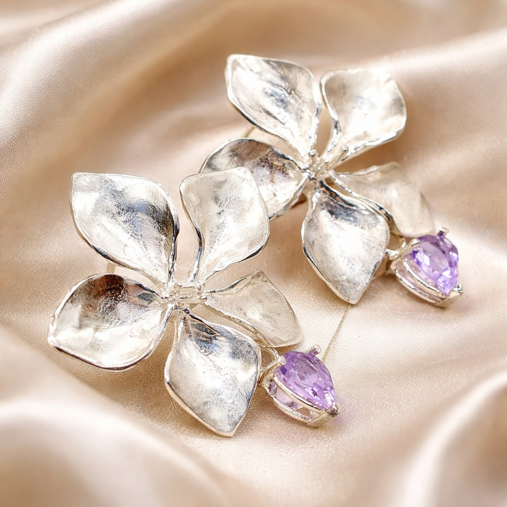 עגילי כסף פרח צמודים