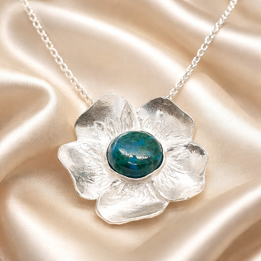 תליון פרח כסף עם אבן אילת