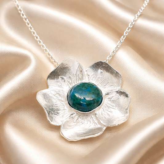 תליון פרח כסף עם אבן אילת