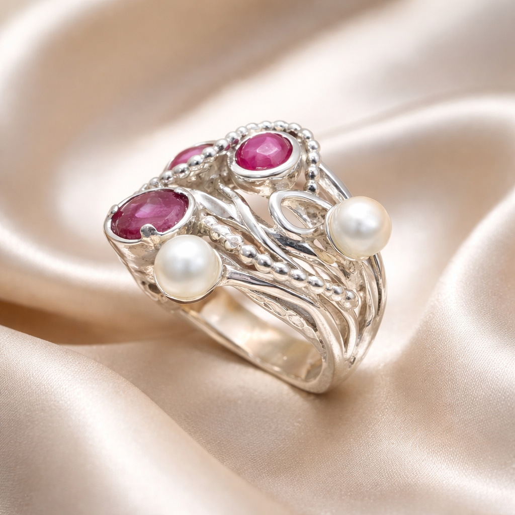 טבעת כסף מרובת אבנים פנינים ורובי / גרנט