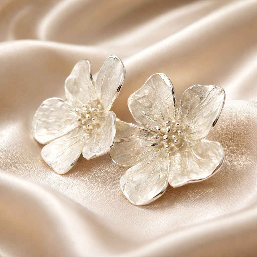 עגילי כסף פרח גדול צמוד