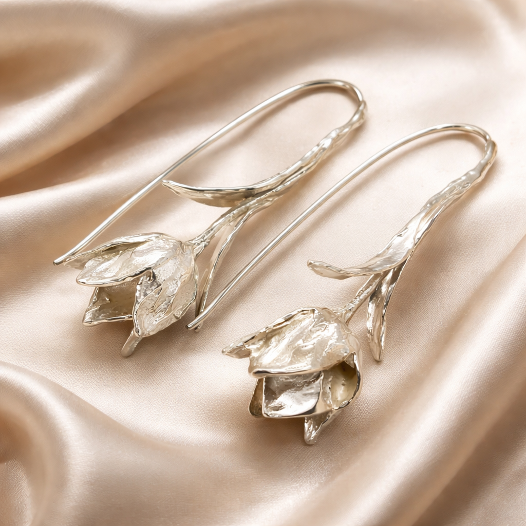 עגילי כסף פרח ארוכים