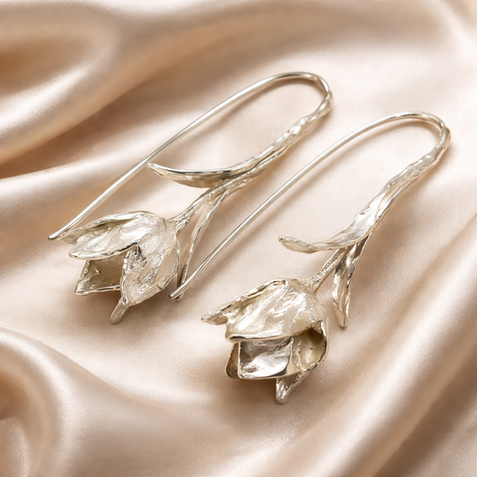 עגילי כסף פרח ארוכים