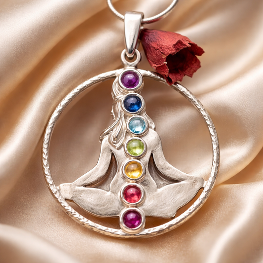 תליון כסף יוגה עם אבני הצ'אקרות