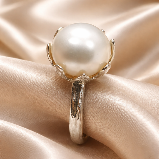 טבעת כסף עלים עם פנינה גדולה