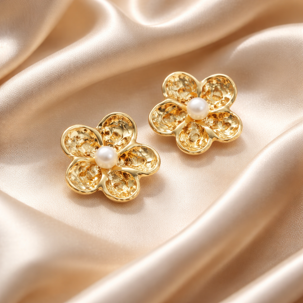 עגילי זהב 14 קראט פרח עם פנינה