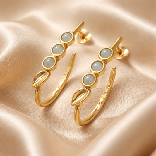 עגילי זהב 14 קראט חישוק מרובע עם אקווה מרין