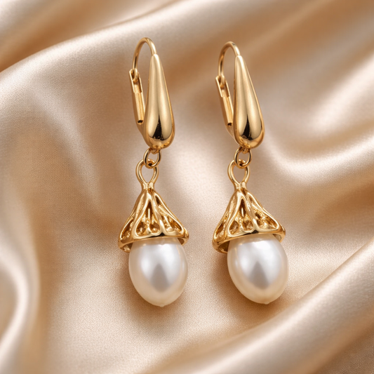 עגילי זהב 14 קראט עם פנינים