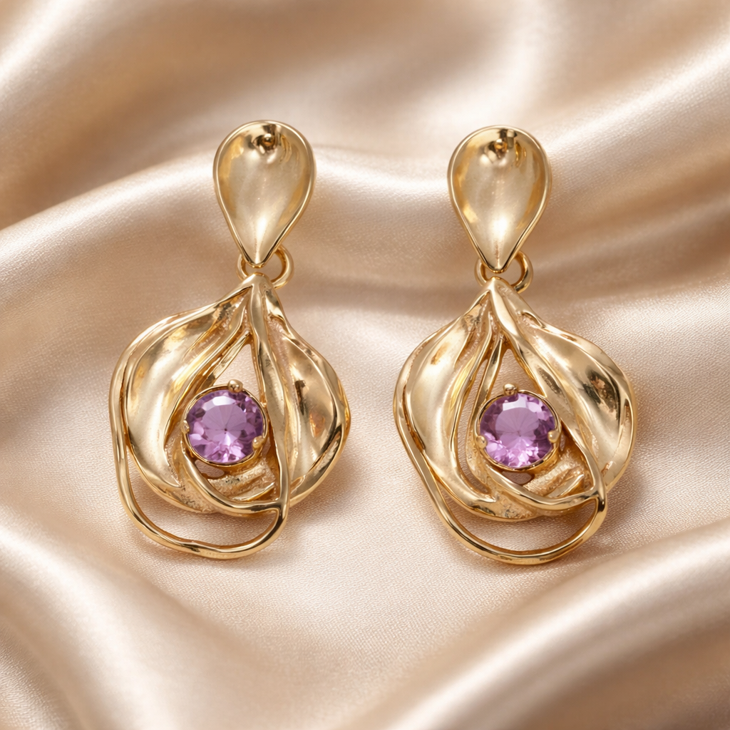 עגילי זהב 14 קראט עלים תלויים עם טורמלין