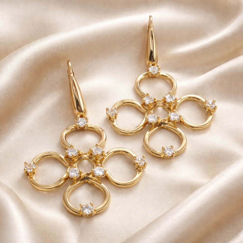 עגילי זהב 14 קראט פרחים וזירקונים