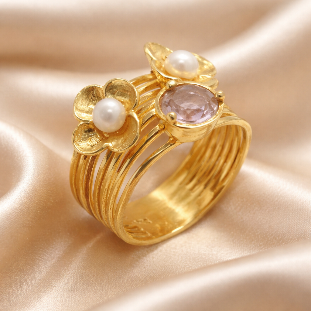 טבעת זהב פרחים עם אבני חן