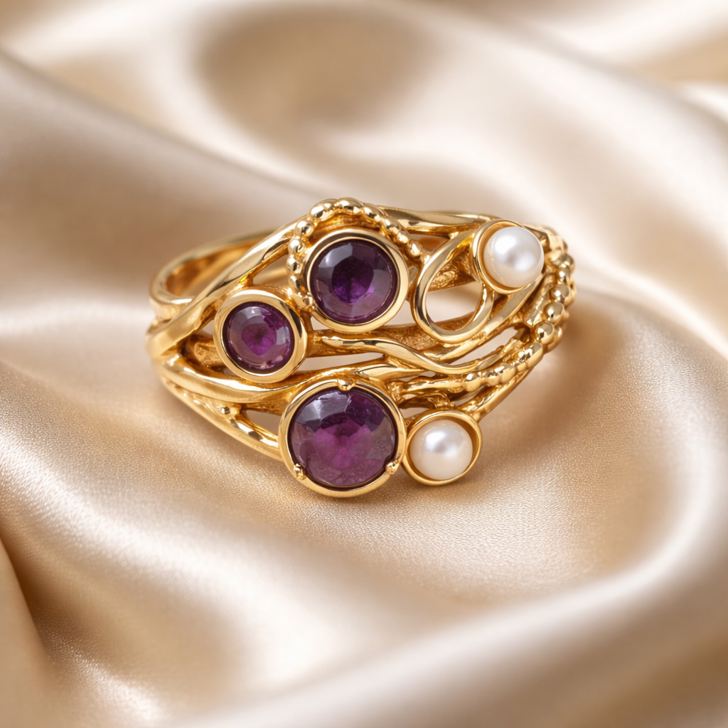 טבעת זהב 14 קראט מרובת אבנים ,משובצת רובי ופנינים