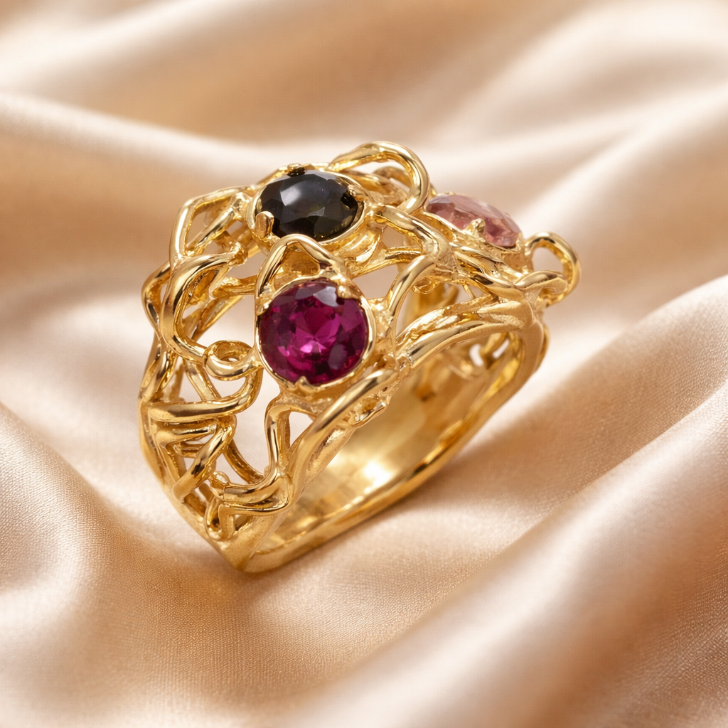 טבעת זהב 14 קראט מרובת אבנים עם טורמלין