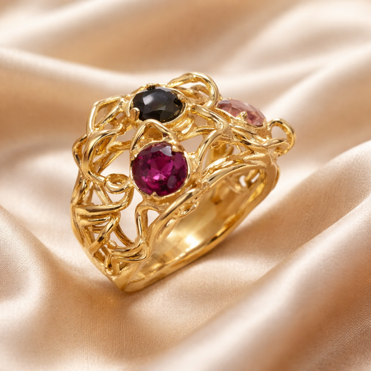 טבעת זהב 14 קראט מרובת אבנים עם טורמלין