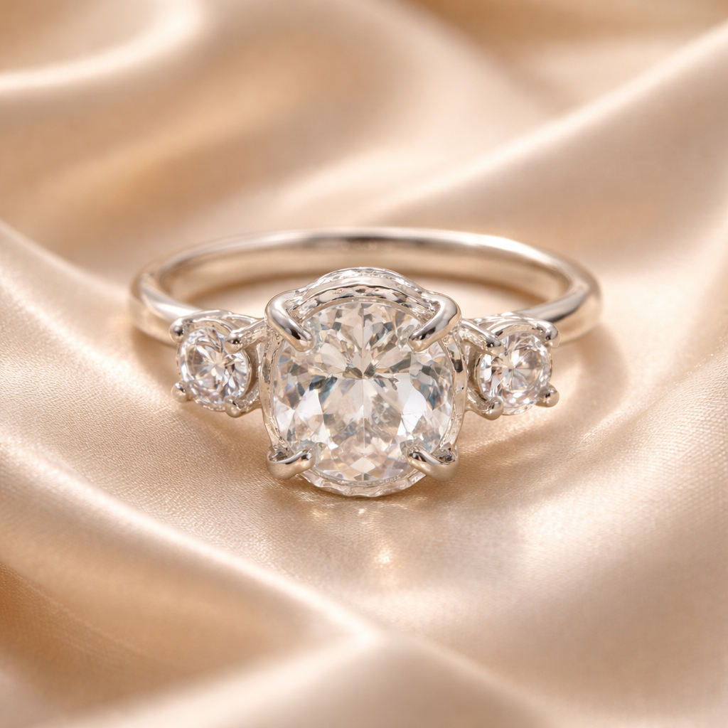 טבעת אירוסין זהב לבן אבן אובלית