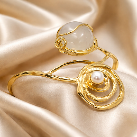 צמיד זהב 14 קראט פנינה ומון סטון