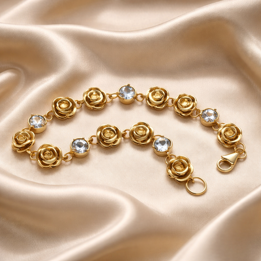 צמיד זהב 14 קראט חוליות פרחים ואקווה מרין