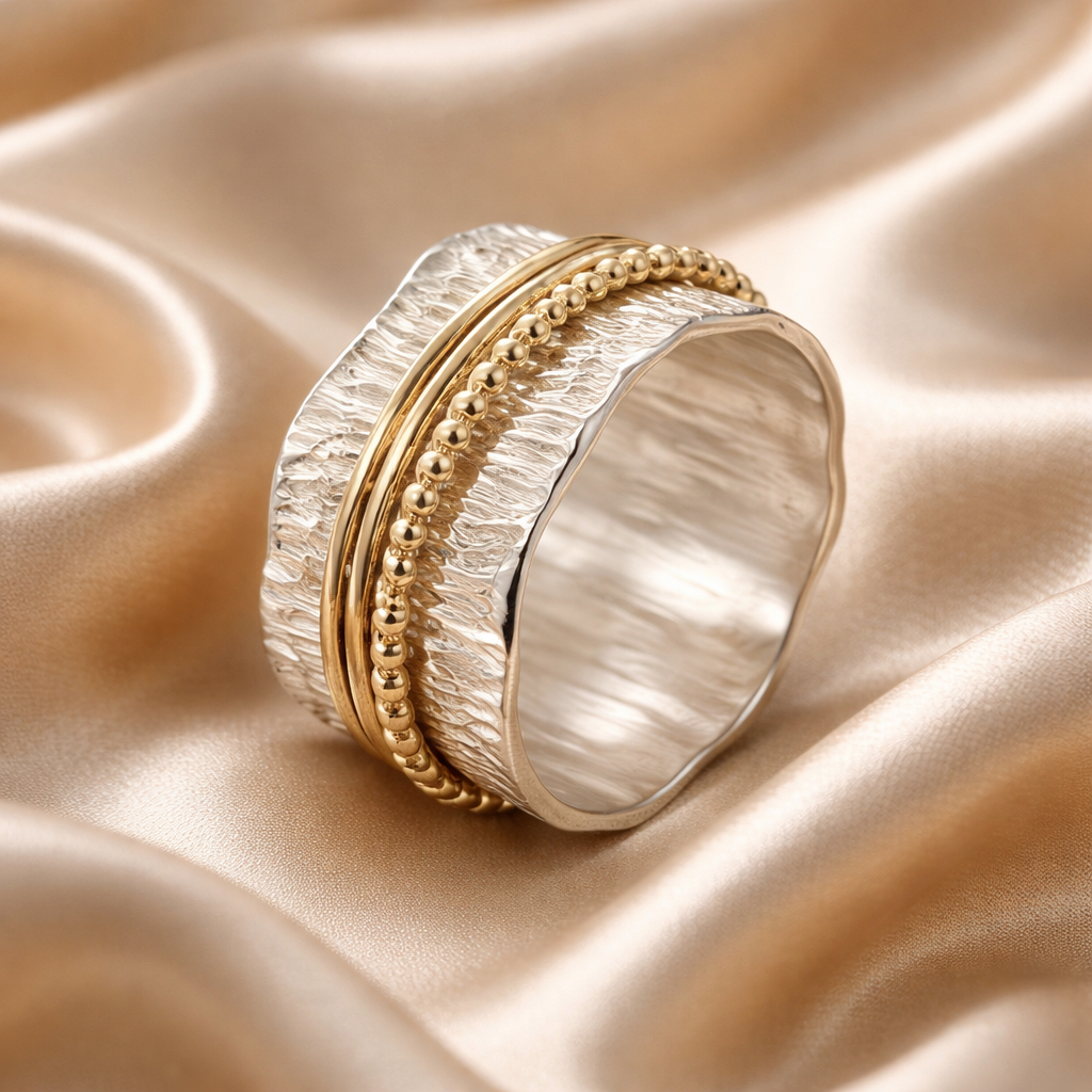 טבעת מסתובבת / ספינר כסף וזהב תלתן