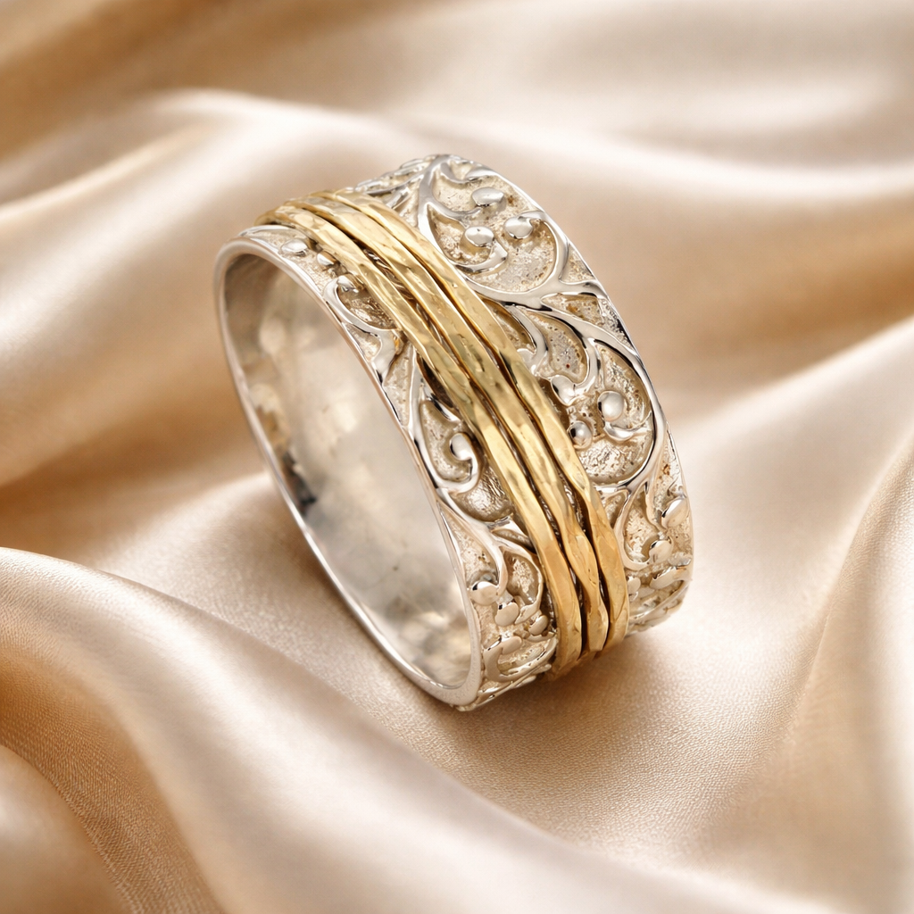 טבעת מסתובבת / ספינר כסף וזהב קינמון