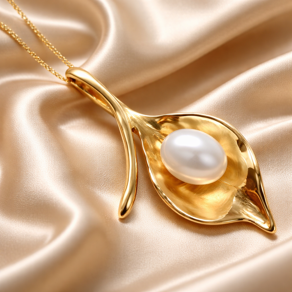 תליון זהב 14 קארט עלה ,פרח קאלה עם פנינה