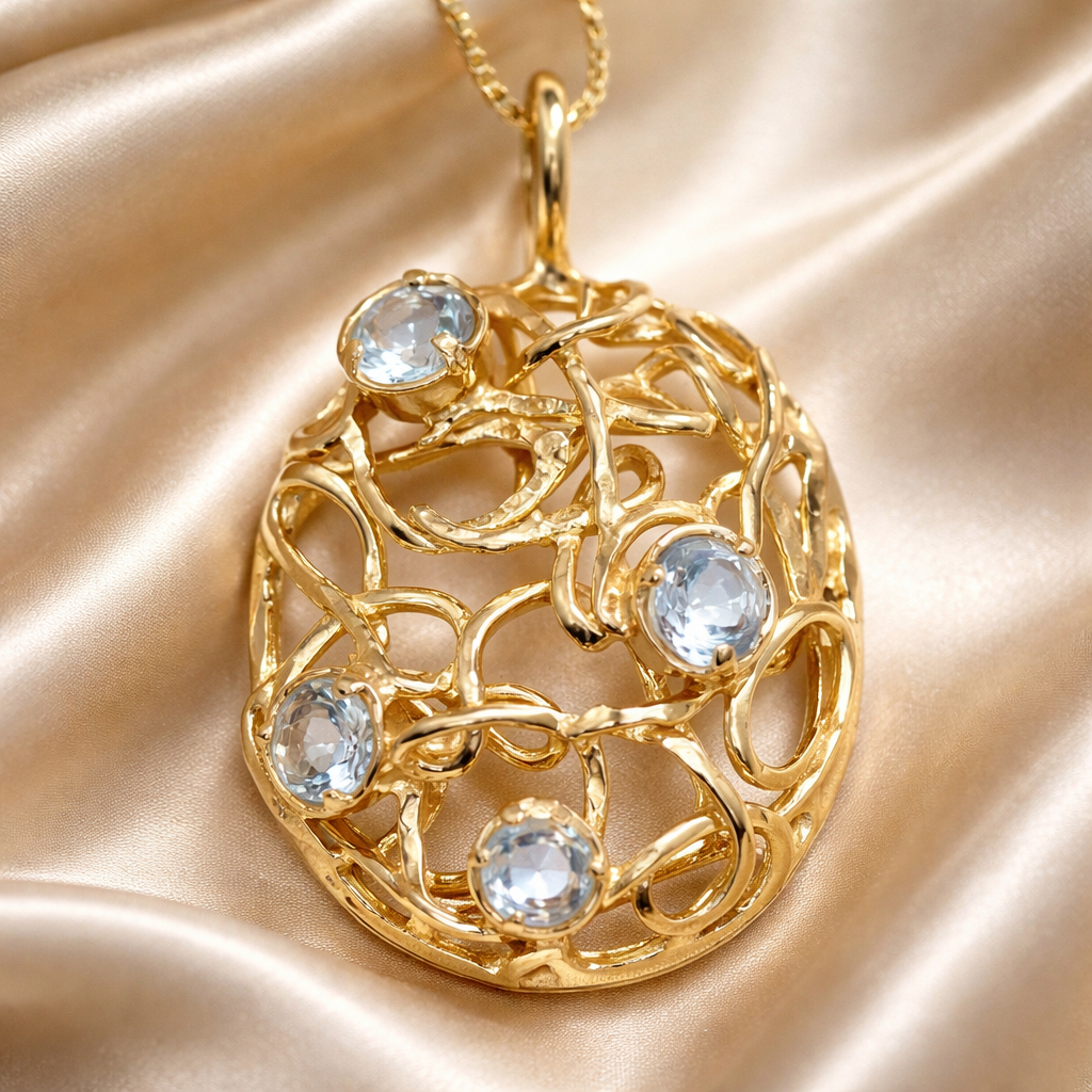 תליון זהב 14 קראט מרובה אבנים עם אקווה מרין