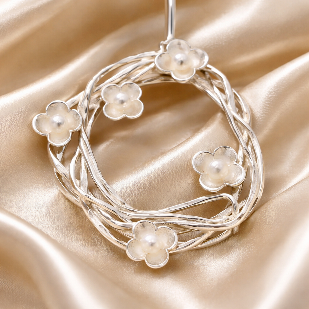 תליון כסף עם פרחים ופנינים