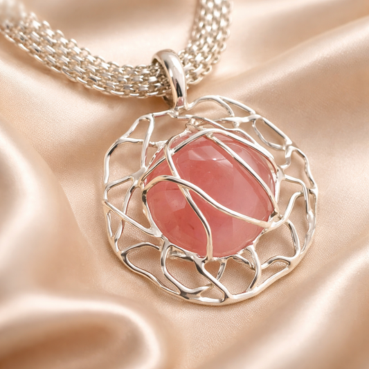 תליון כסף עם שרי קוורץ על שרשרת כסף רחבה