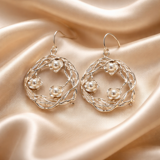 עגילי כסף עם פרחים ופנינים