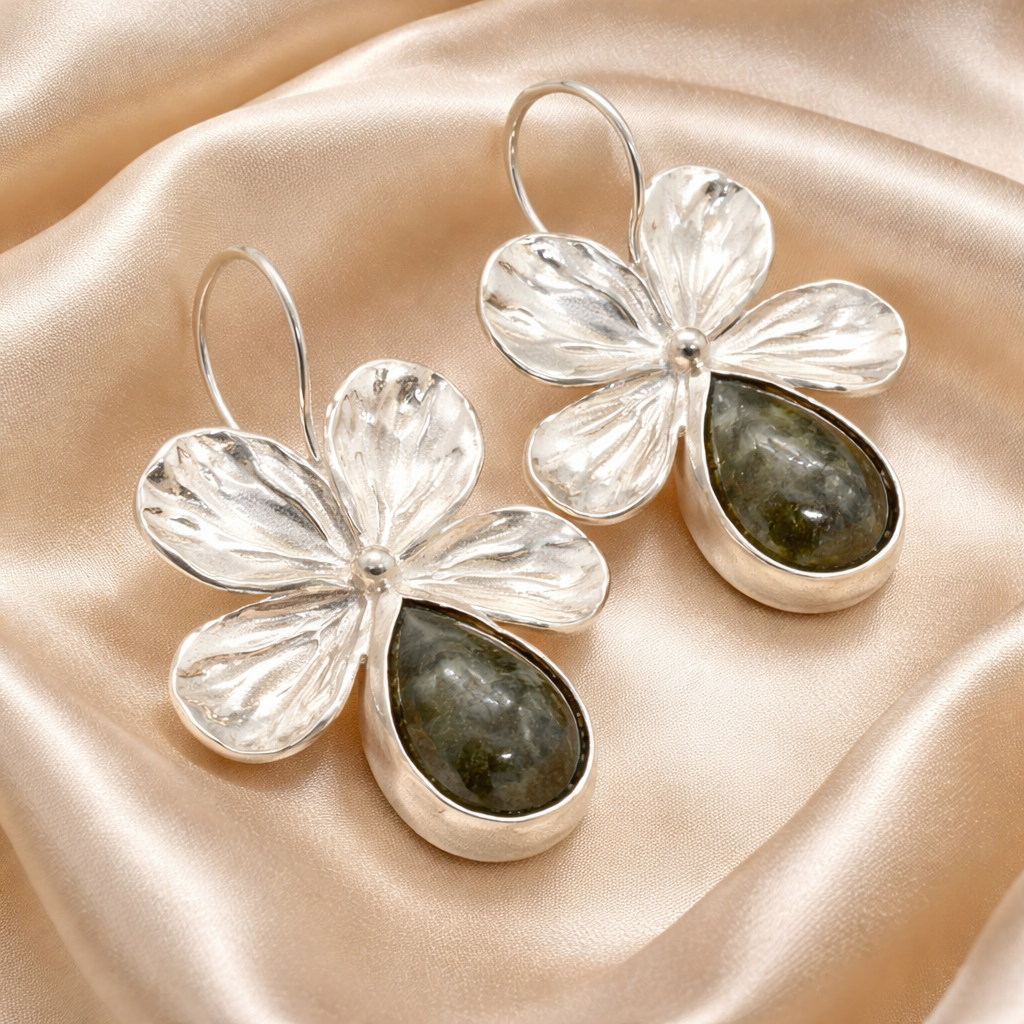 עגילי כסף פרח עם אבן חן