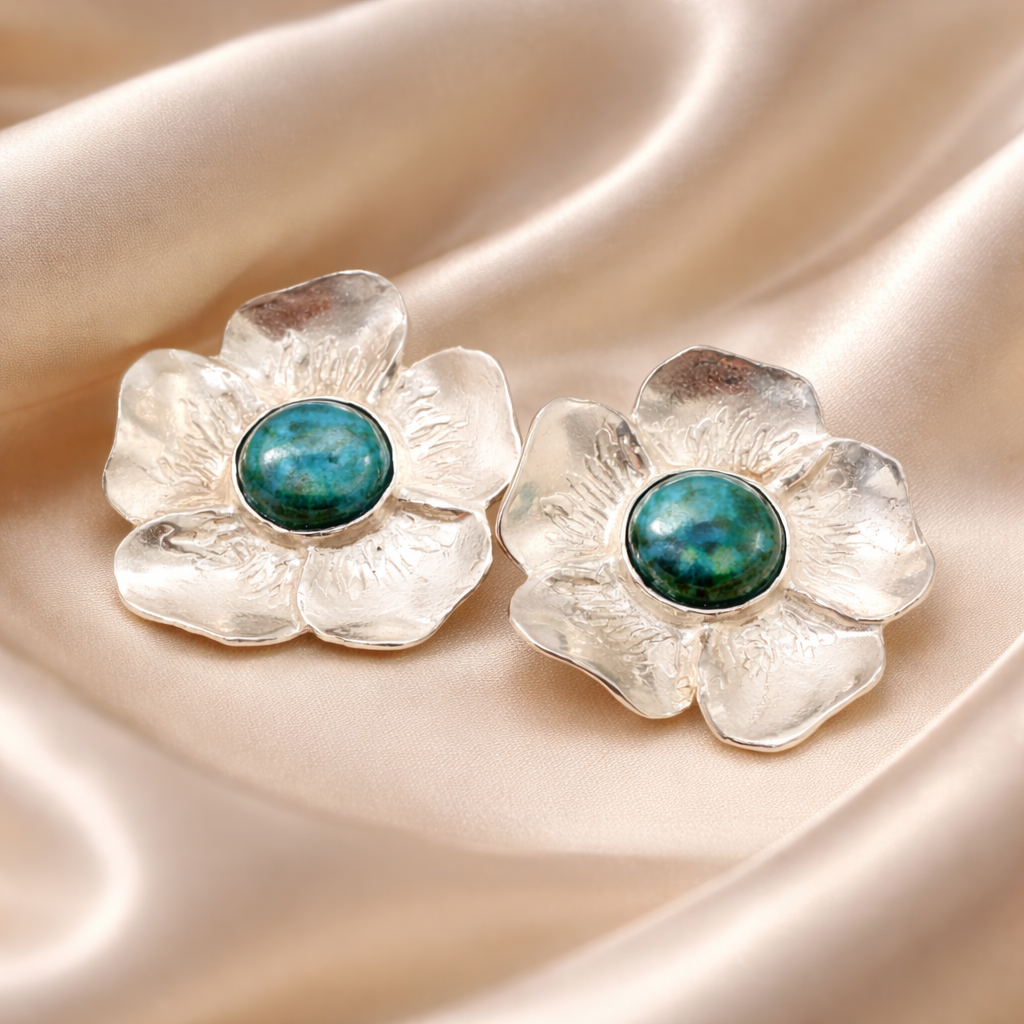 עגילי פרח כסף עם אבן אילת