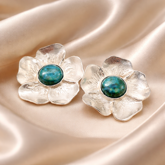 עגילי פרח כסף עם אבן אילת