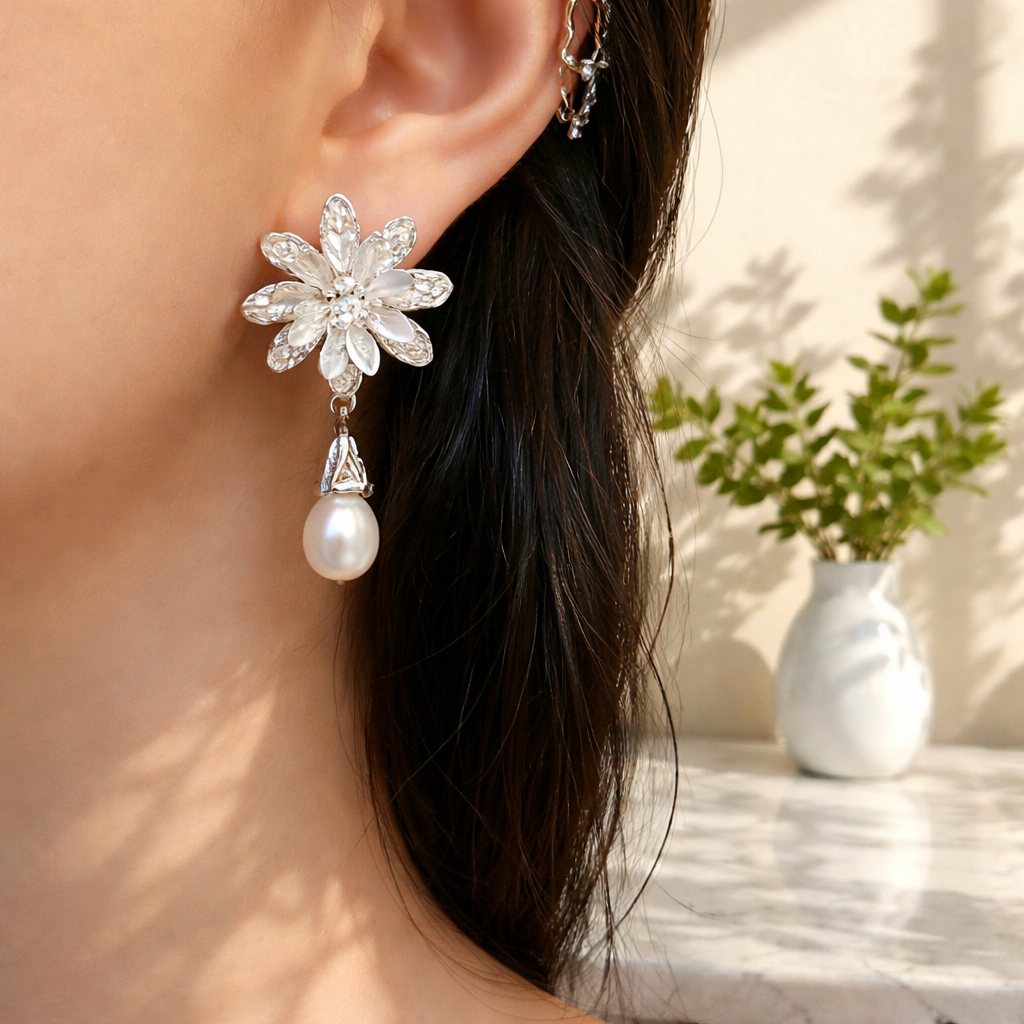 עגילי כסף פרח עם פנינה