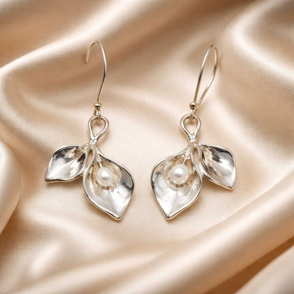 עגילי כסף עלים ,פרח הקאלה עם פנינים