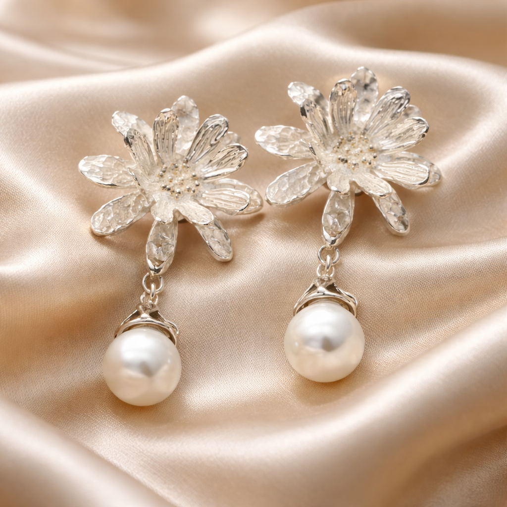 עגילי כסף פרח עם פנינה