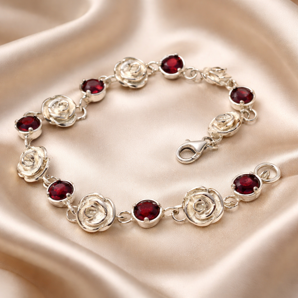 צמיד כסף חוליות פרחים ואבני חן