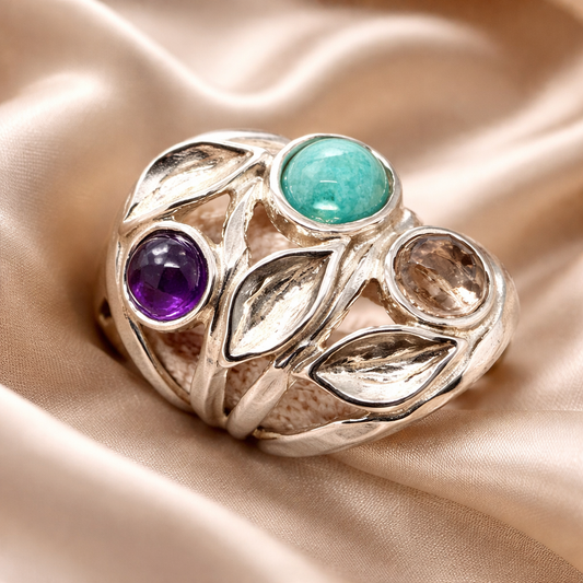 טבעת כסף עלים מרובת אבנים