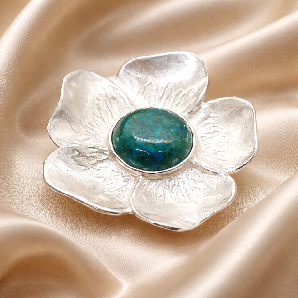 טבעת פרח כסף עם אבן אילת