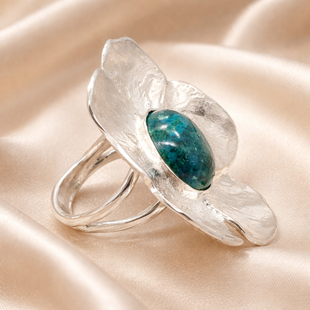 טבעת פרח כסף עם אבן אילת