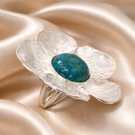 טבעת פרח כסף עם אבן אילת