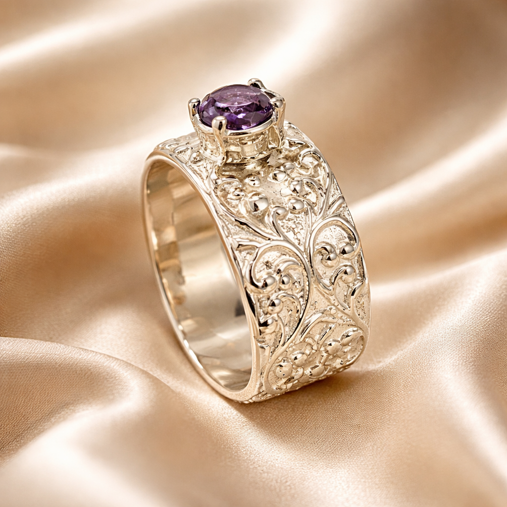 טבעת כסף עם אבן לידה / אמטיסט