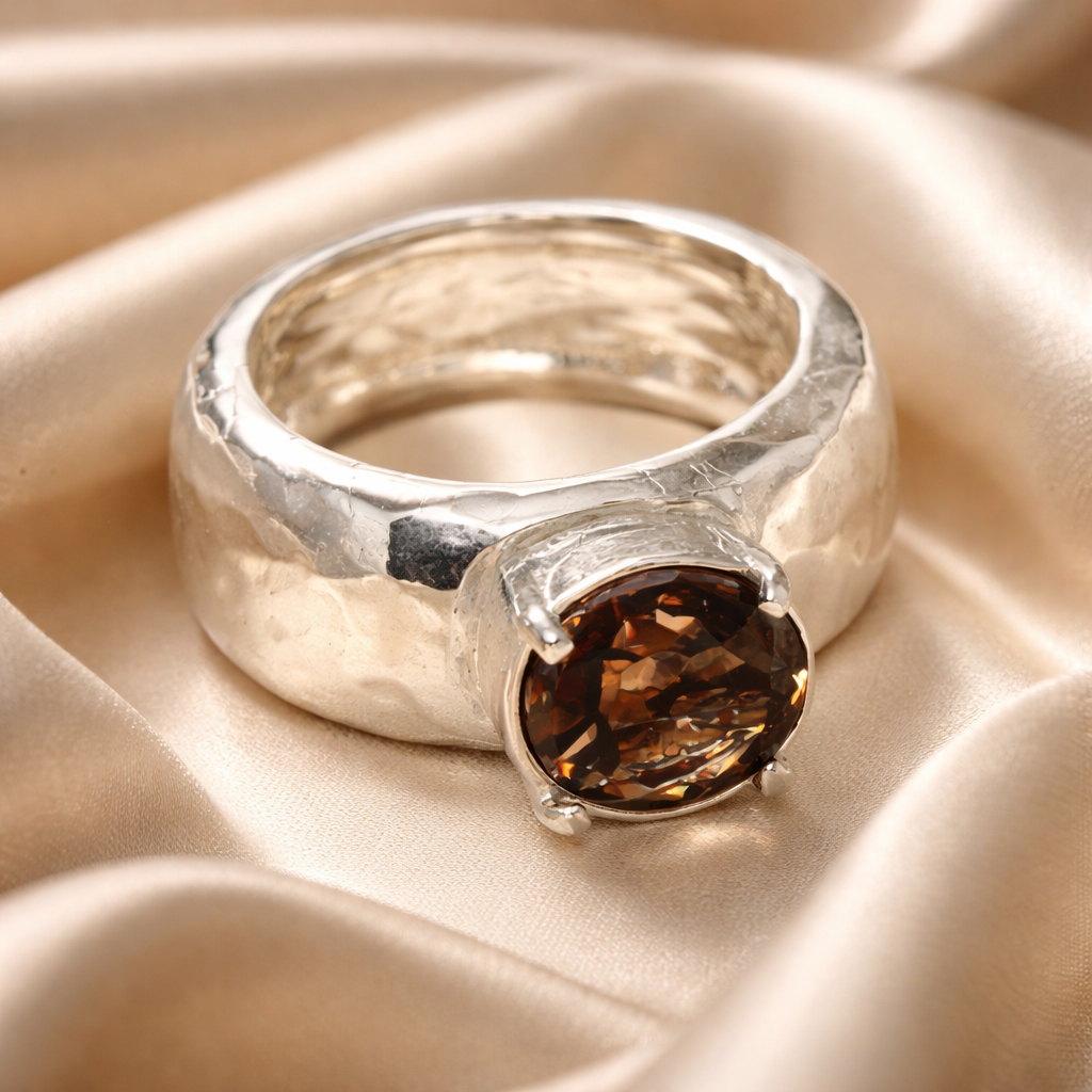 טבעת כסף בומביי עם סמוקי קוורץ גדול