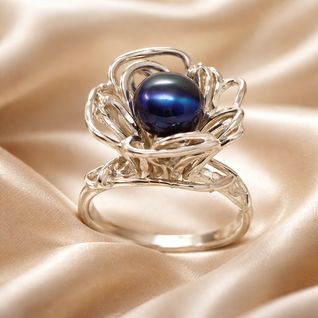 טבעת כסף משובצת פנינה שחורה