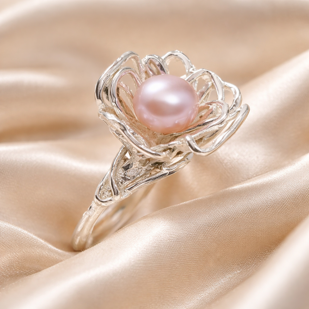 טבעת כסף משובצת פנינה שחורה