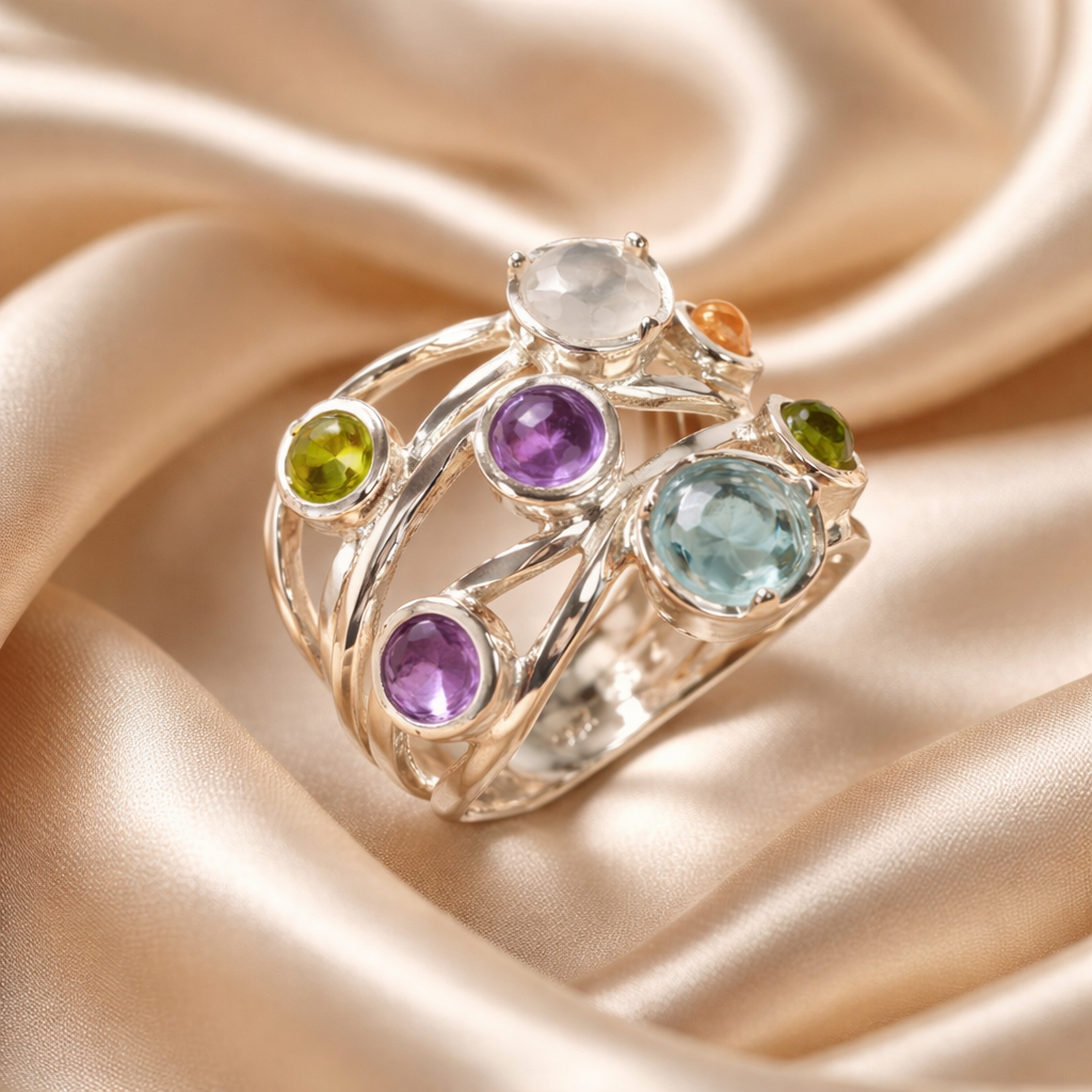 טבעת כסף מרובת אבנים שונות