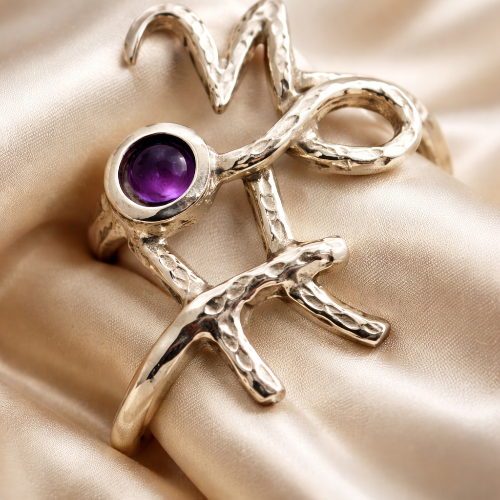 טבעת כסף אות ,סמל המזל ואבן לידה