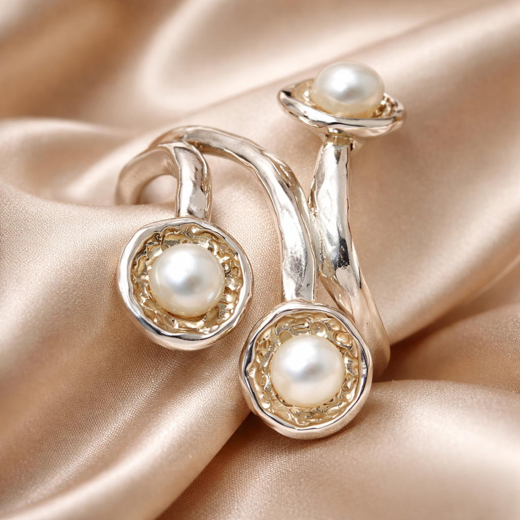 טבעת כסף עם שלוש פנינים