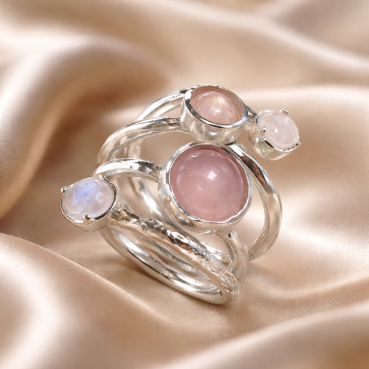 טבעת כסף ספירל מרובת אבנים , מון סטון ורוז קוורץ