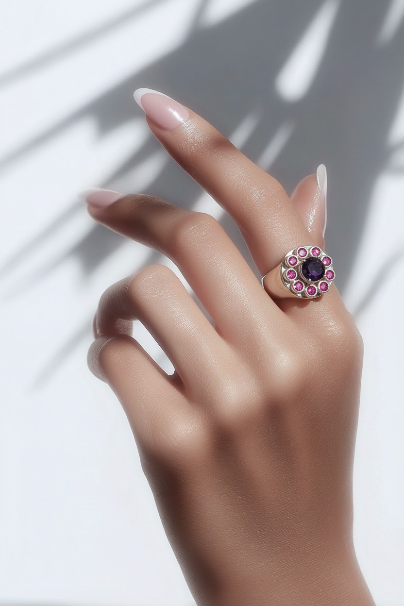 טבעת חותם עגולה מרובת אבני חן