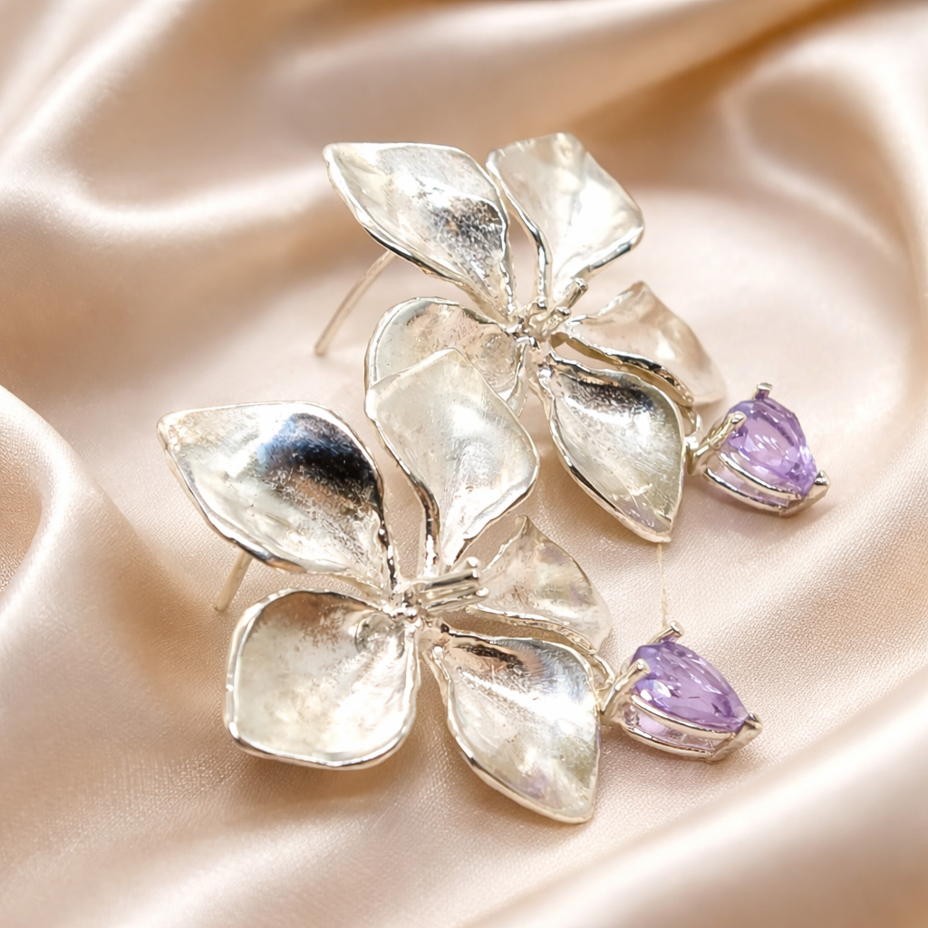 עגילי כסף פרח צמודים